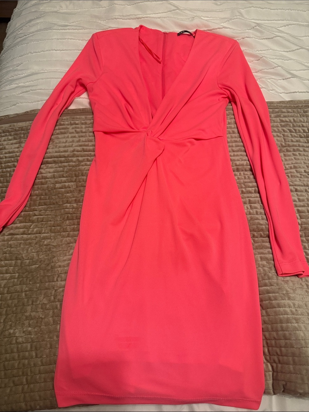 Zara Long-Sleeve Twist-Knot Coral Pink Dress